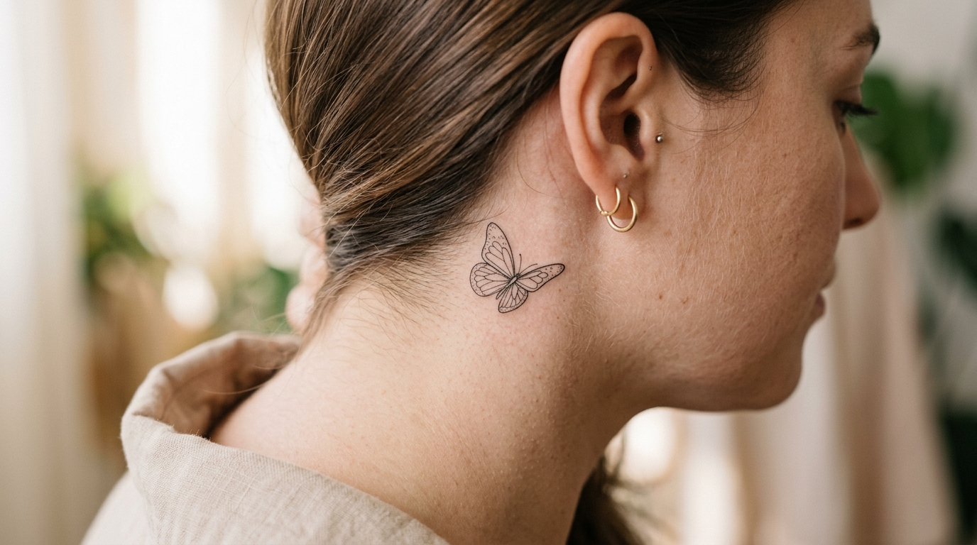 Тату маленькой бабочки за ухом на шее у девушки