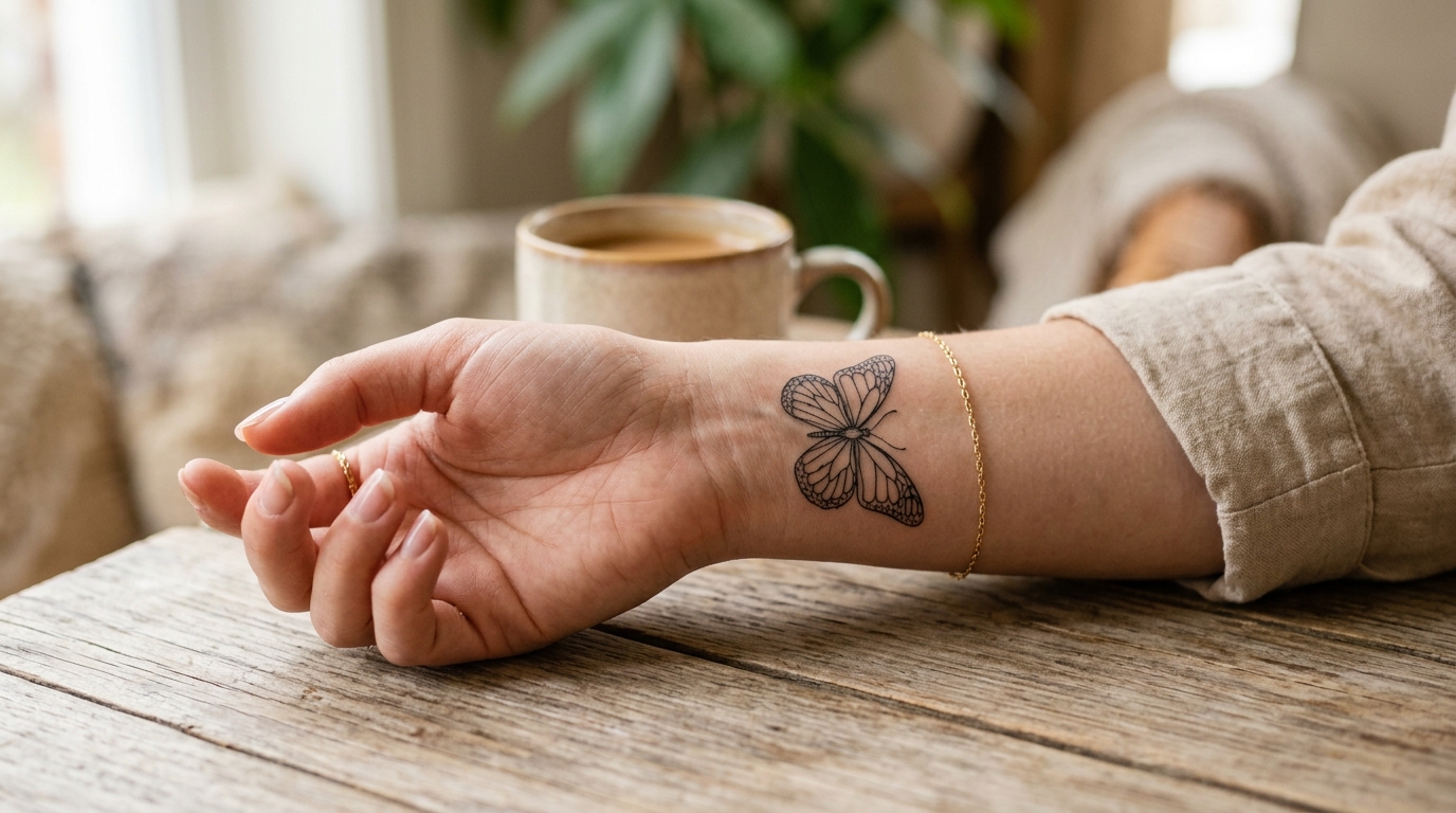 Тату бабочки на запястье у девушки, файнлайн стиль