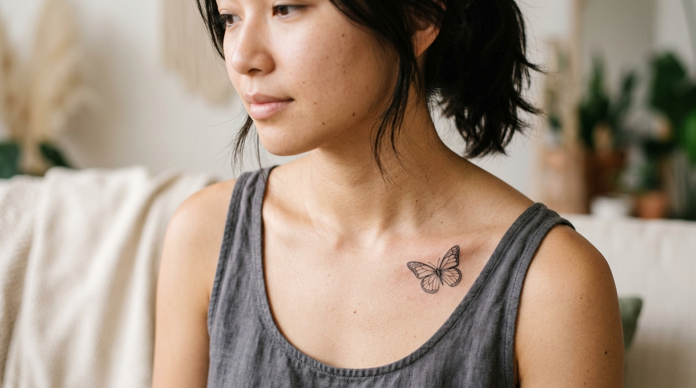 Элегантная тату бабочки на ключице у девушки