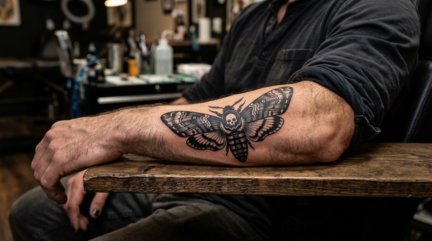 Мужская тату бражника мёртвая голова на предплечье в стиле блэкворк