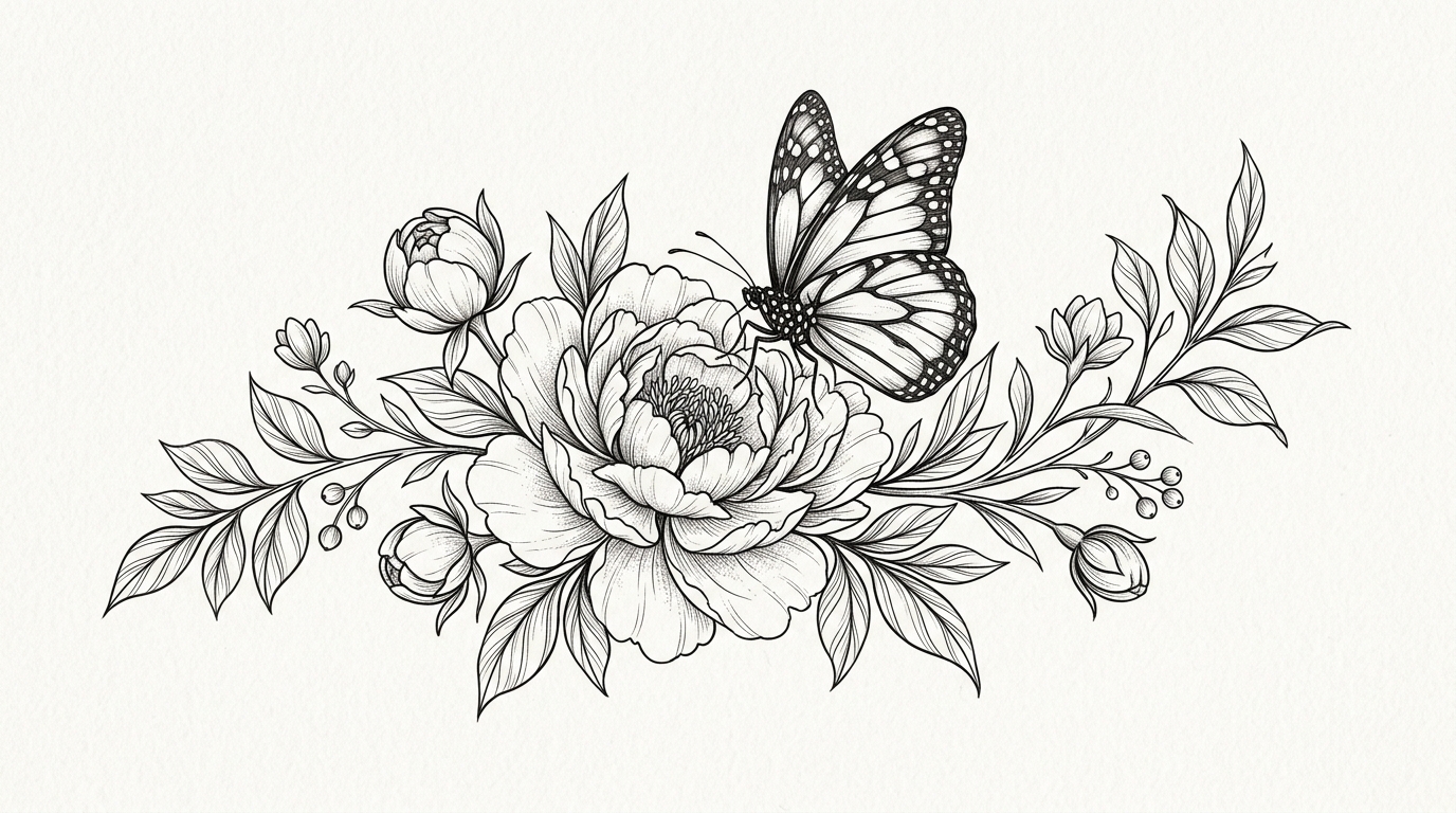 Эскиз тату бабочки с цветами пиона в ботаническом стиле