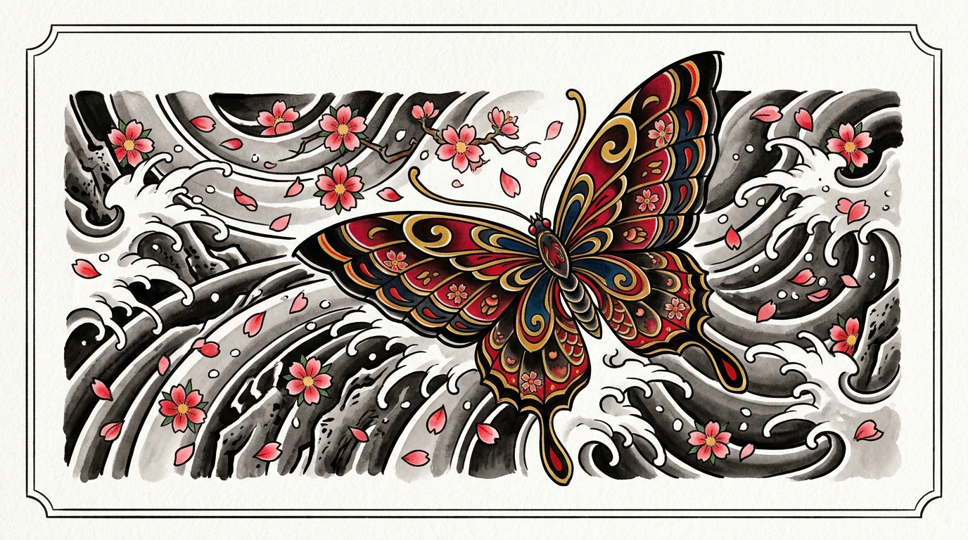 Эскиз тату бабочки в японском стиле с цветами сакуры