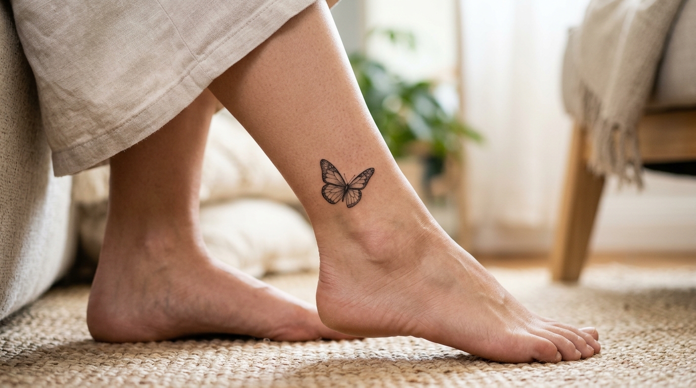 Тату маленькой бабочки на щиколотке