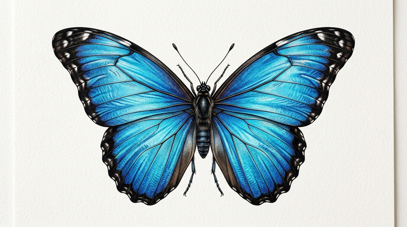 Эскиз синей бабочки морфо в цветном стиле тату