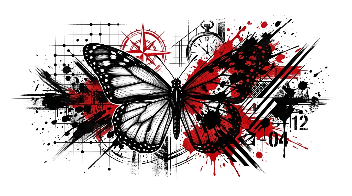 Эскиз тату бабочки в стиле треш-полька красно-чёрный
