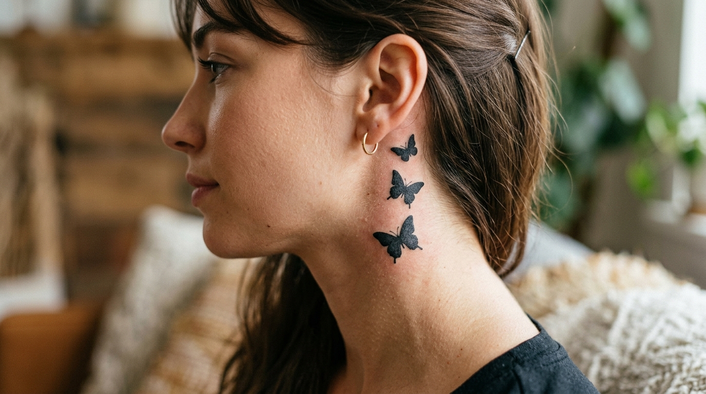 Каскад из трёх бабочек за ухом на шее у девушки