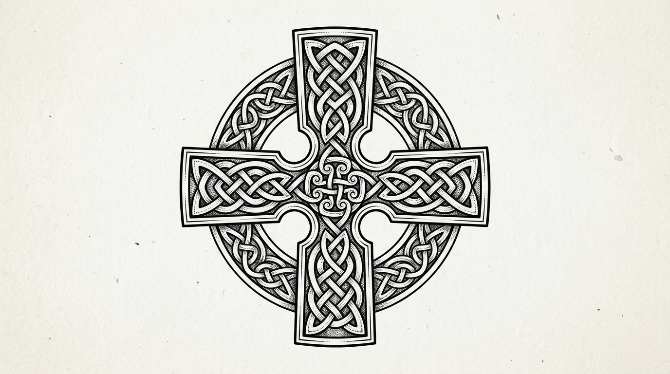 Эскиз кельтского креста для тату с плетёным орнаментом