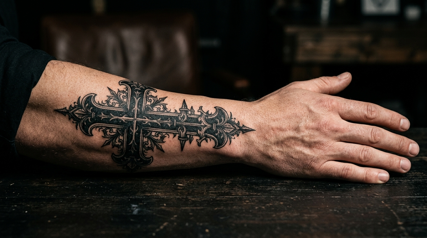Тату крест на предплечье в готическом стиле блэкворк