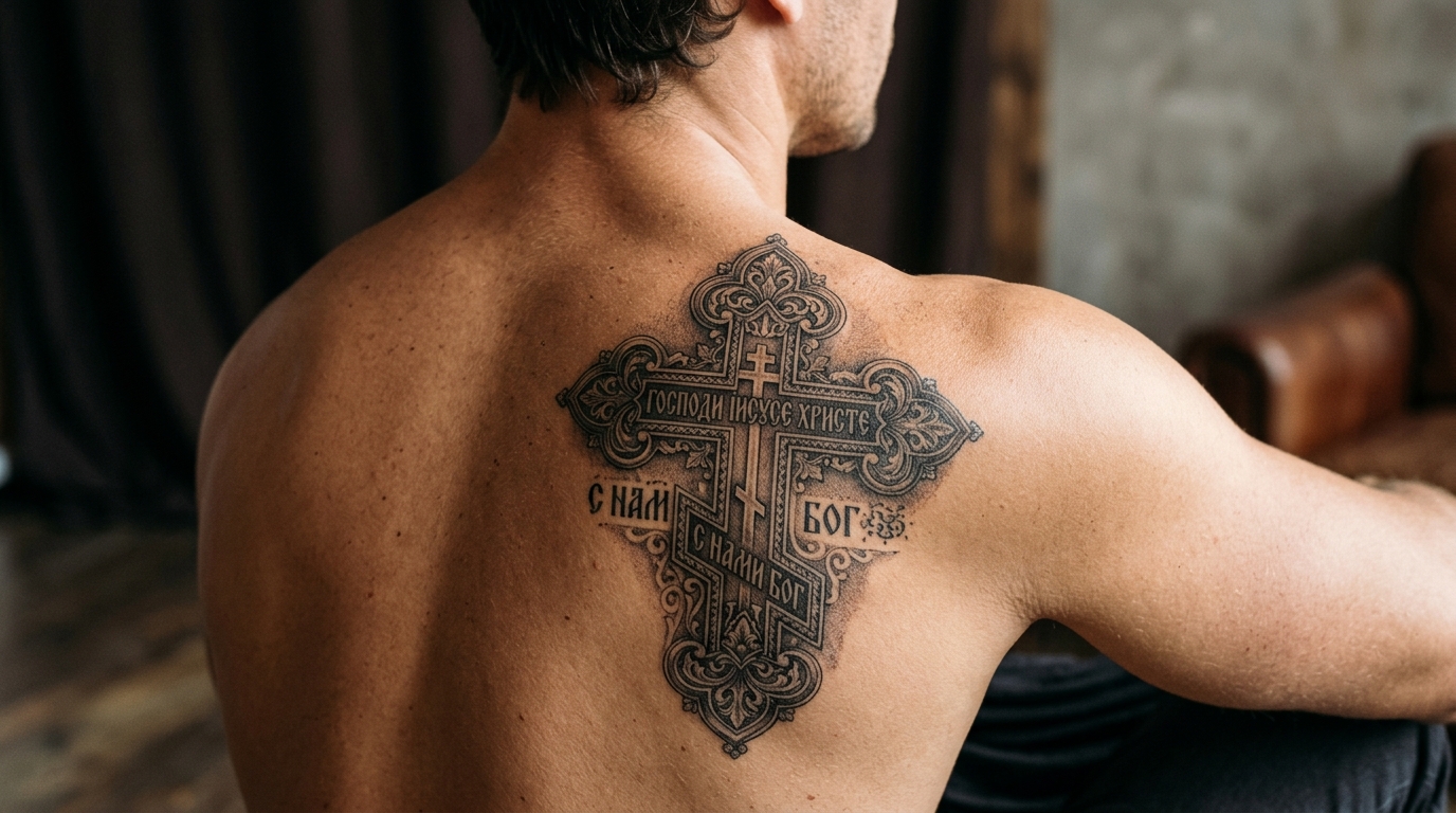 Тату крест на спине — реалистичный стиль с детализацией
