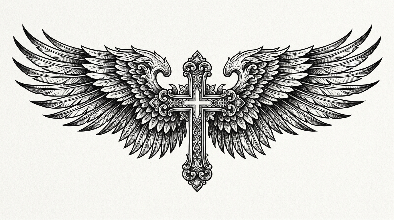 Эскиз креста с ангельскими крыльями для тату