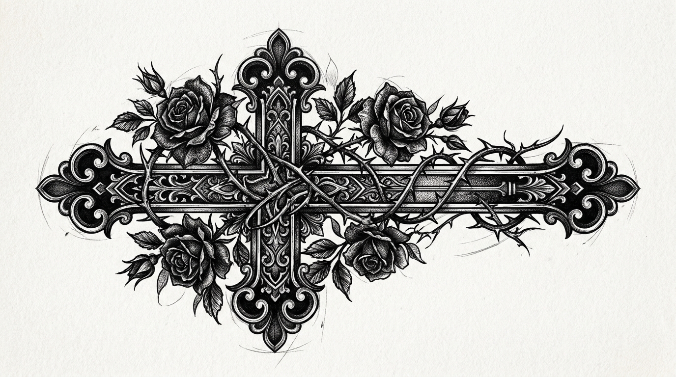 Готический крест с розами и шипами — эскиз тату в блэкворке