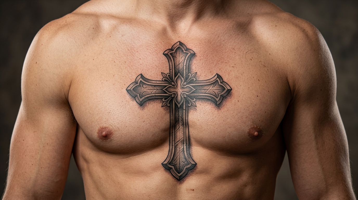 Тату крест на груди мужчины — реалистичный стиль