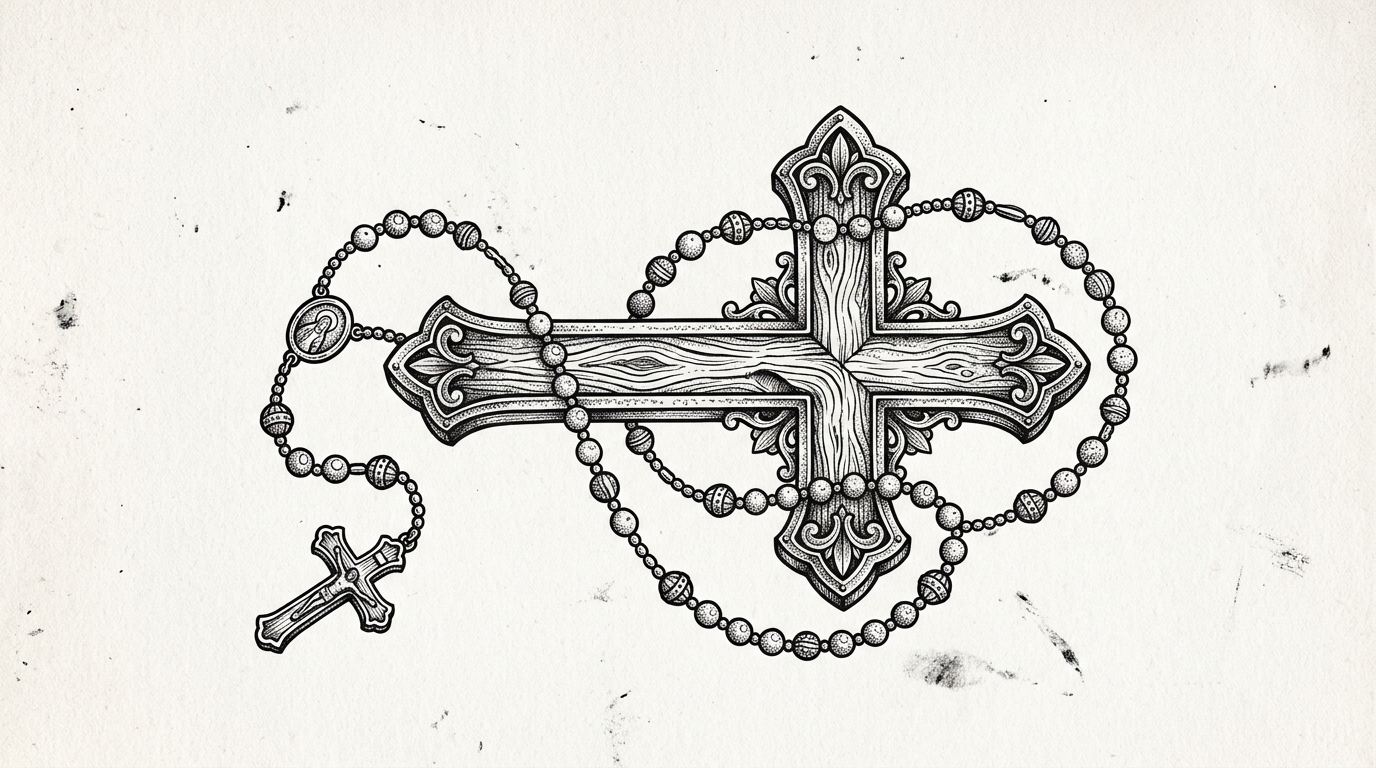 Эскиз креста с чётками розарием для тату