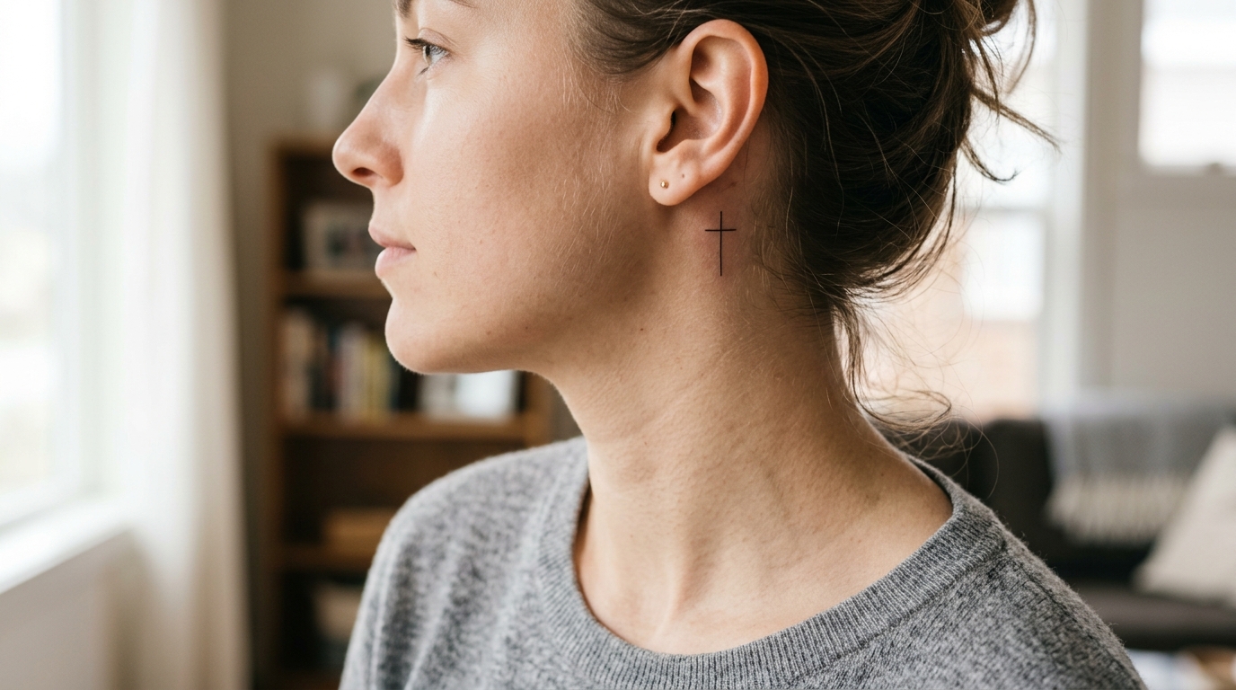 Маленький крест за ухом — изящная женская тату