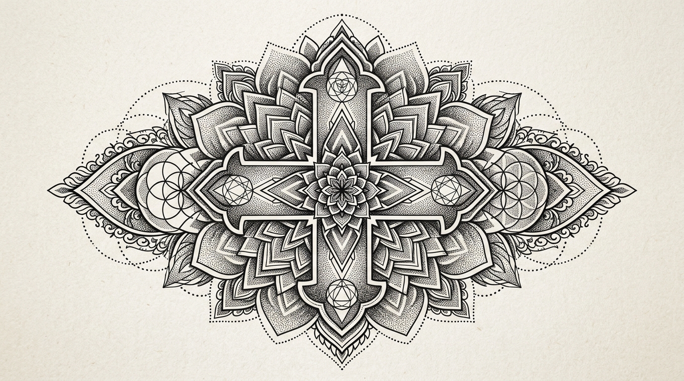 Крест в стиле сакральной геометрии с дотворком и мандалой