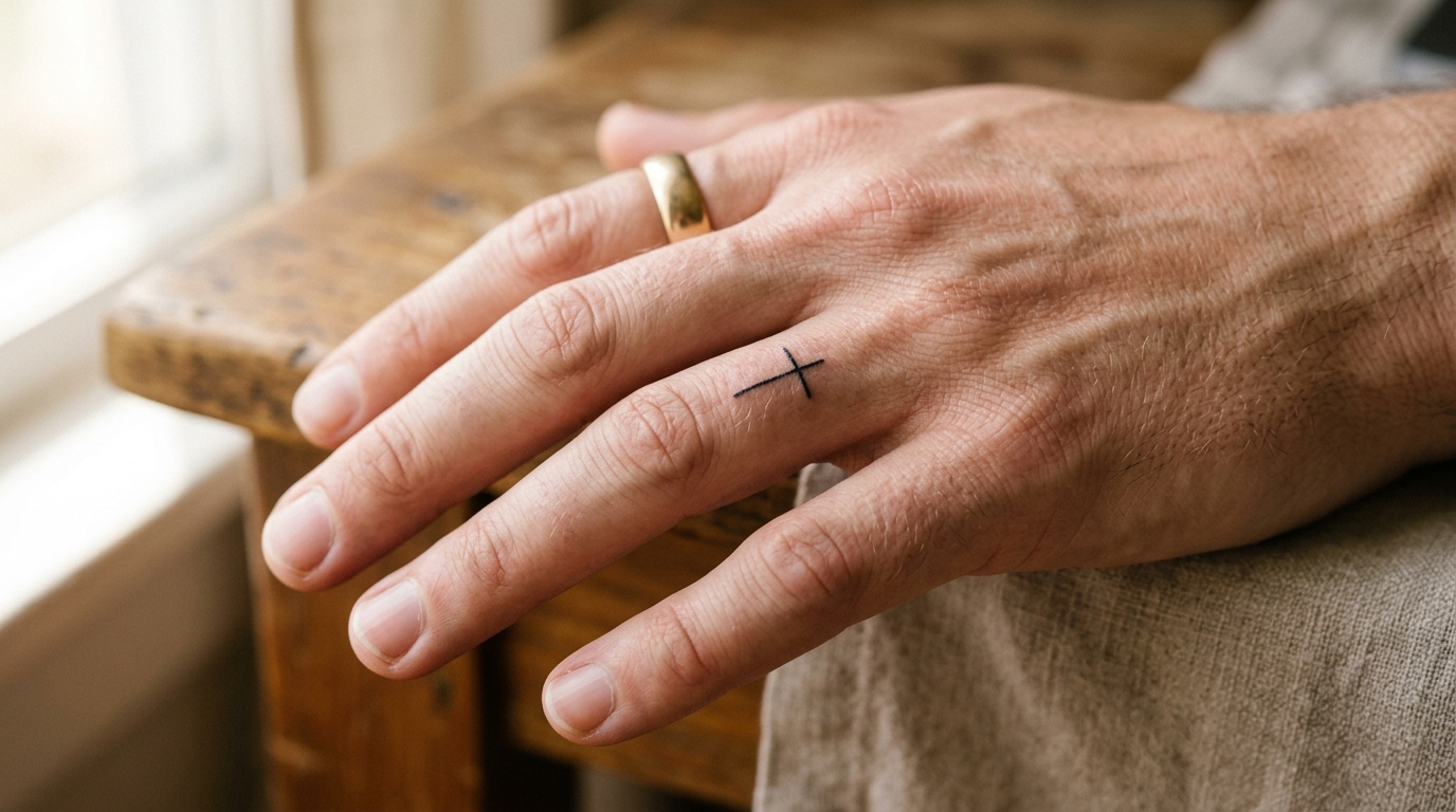 Тату крестик на пальце — минималистичный дизайн