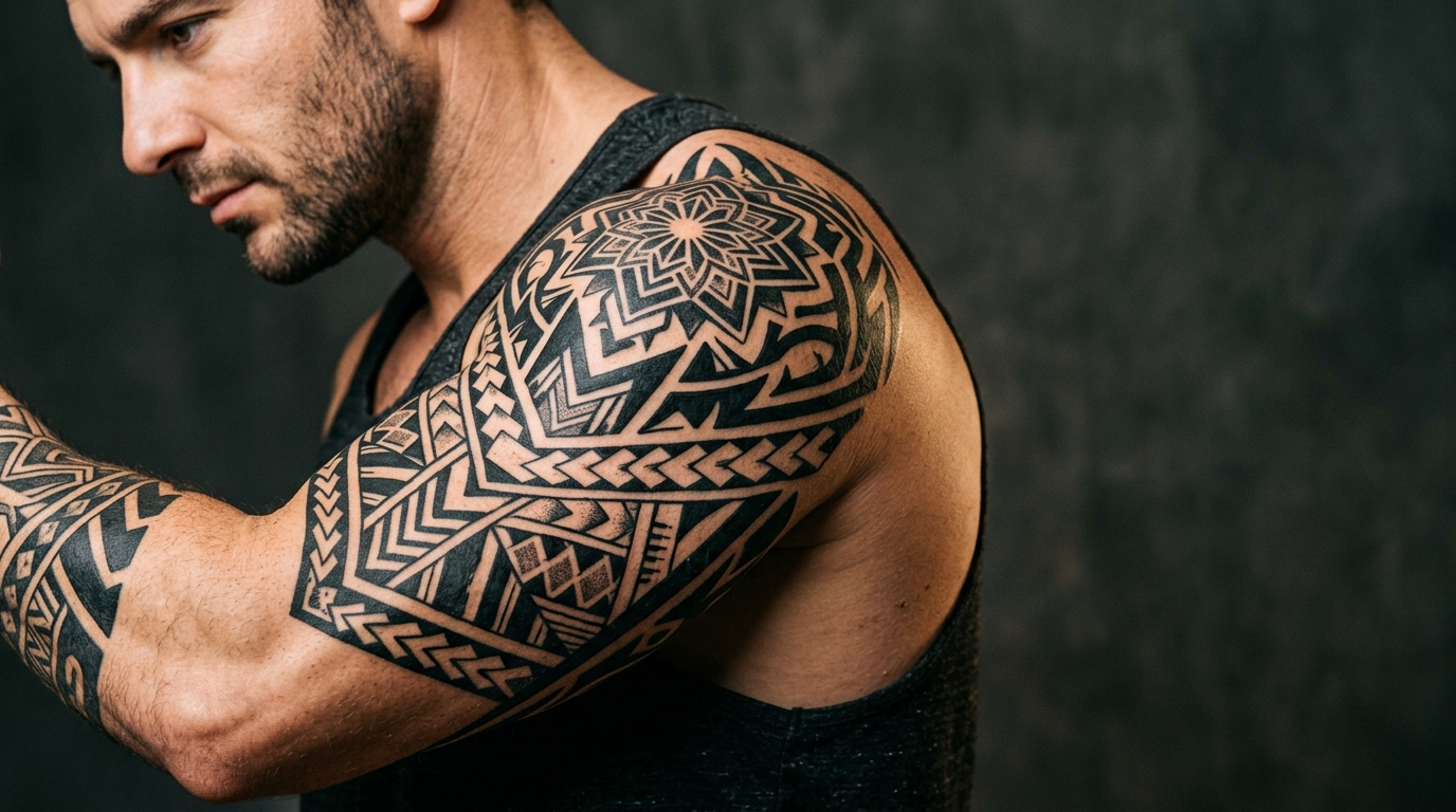 Блэкворк тату на мужском плече — плотные чёрные геометрические узоры