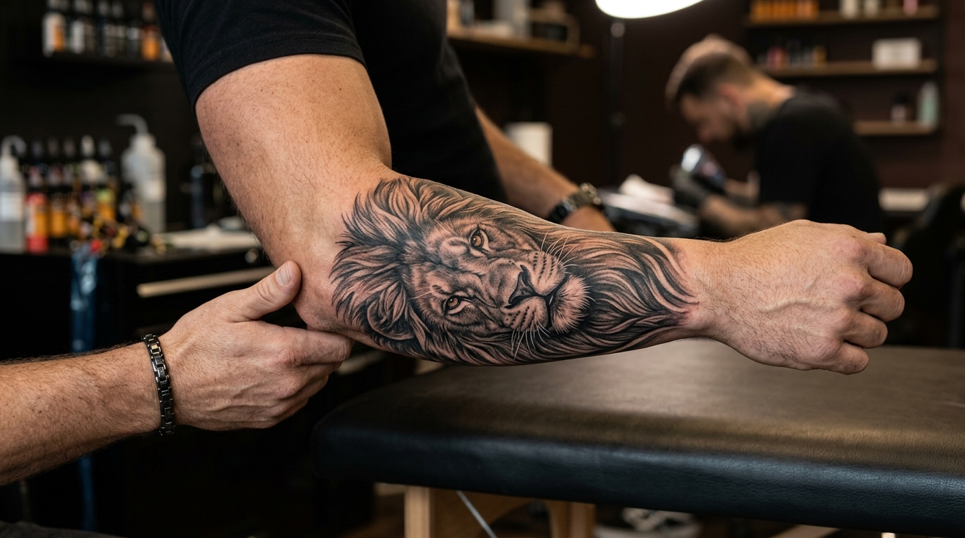 Реалистичная тату льва на предплечье мужчины — чёрно-серый реализм