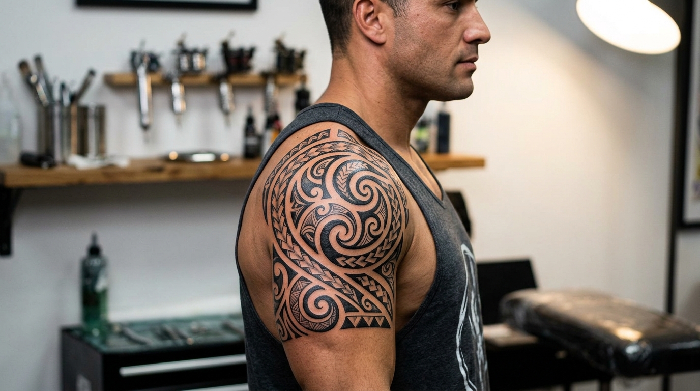 Трайбл тату на плече мужчины — полинезийские узоры по контуру мышц