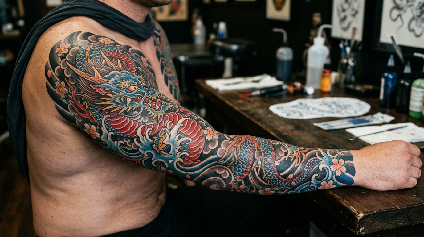 Японский рукав с драконом — красочная ирезуми-тату на мужской руке