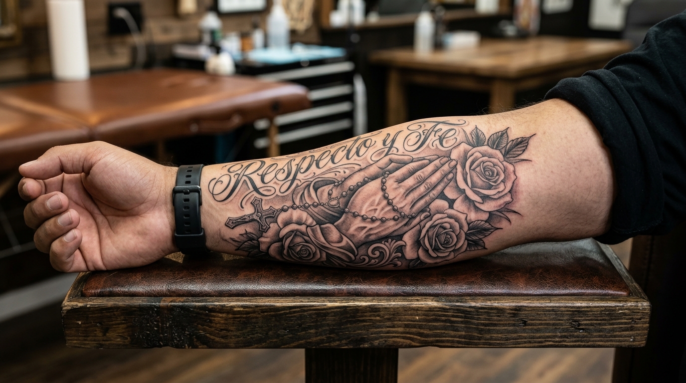 Чикано тату на предплечье — молитвенные руки с чётками, чёрно-серая техника