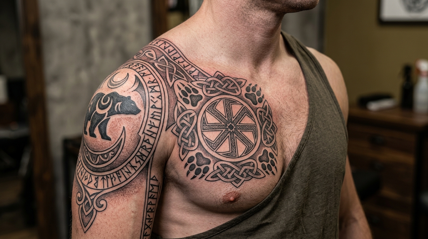 Славянские тату на плече и груди мужчины — руны, коловрат, орнаменты