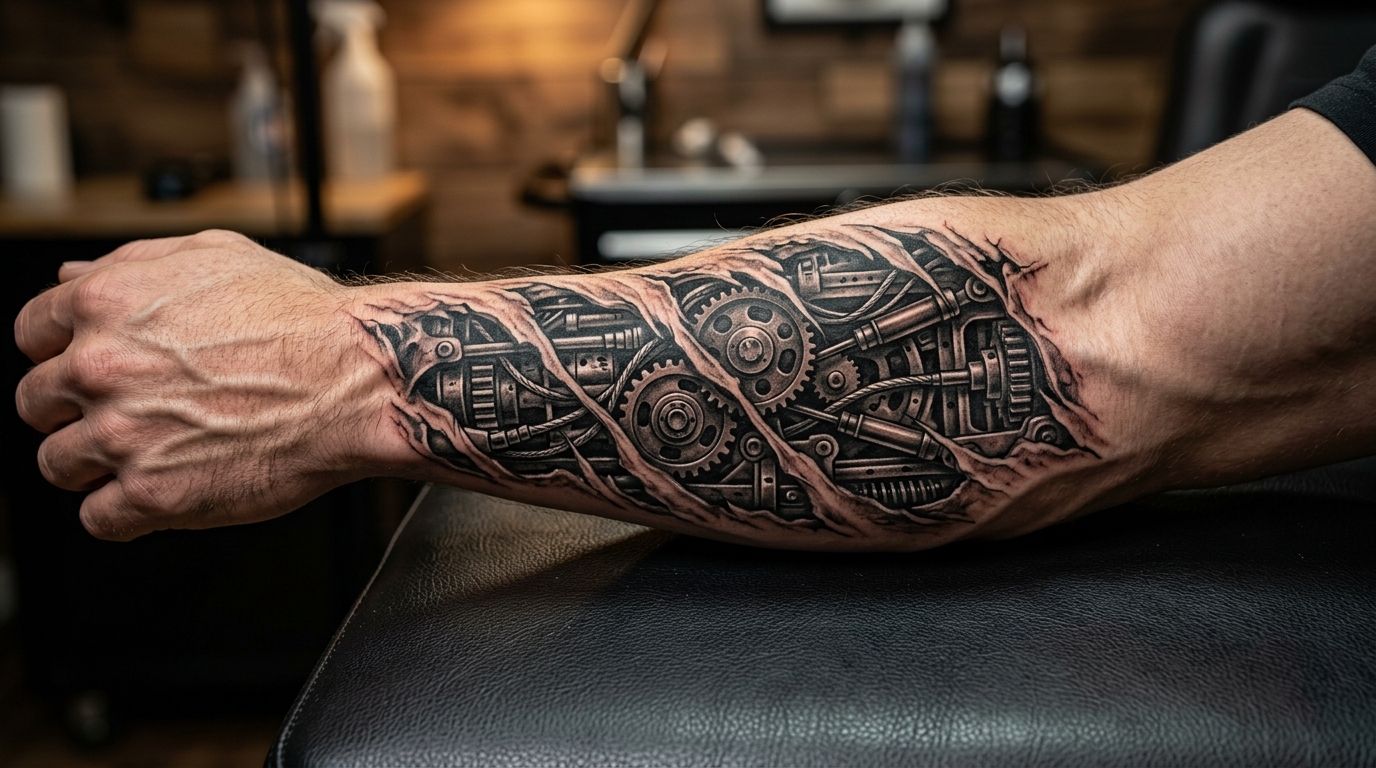 Биомеханическая тату на мужской руке — разорванная кожа с шестерёнками и механизмами внутри