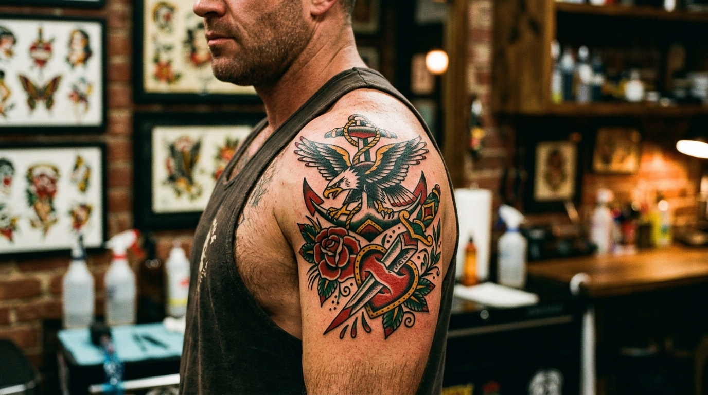 Олд скул тату на мужском плече — якорь, орёл, розы, яркие цвета