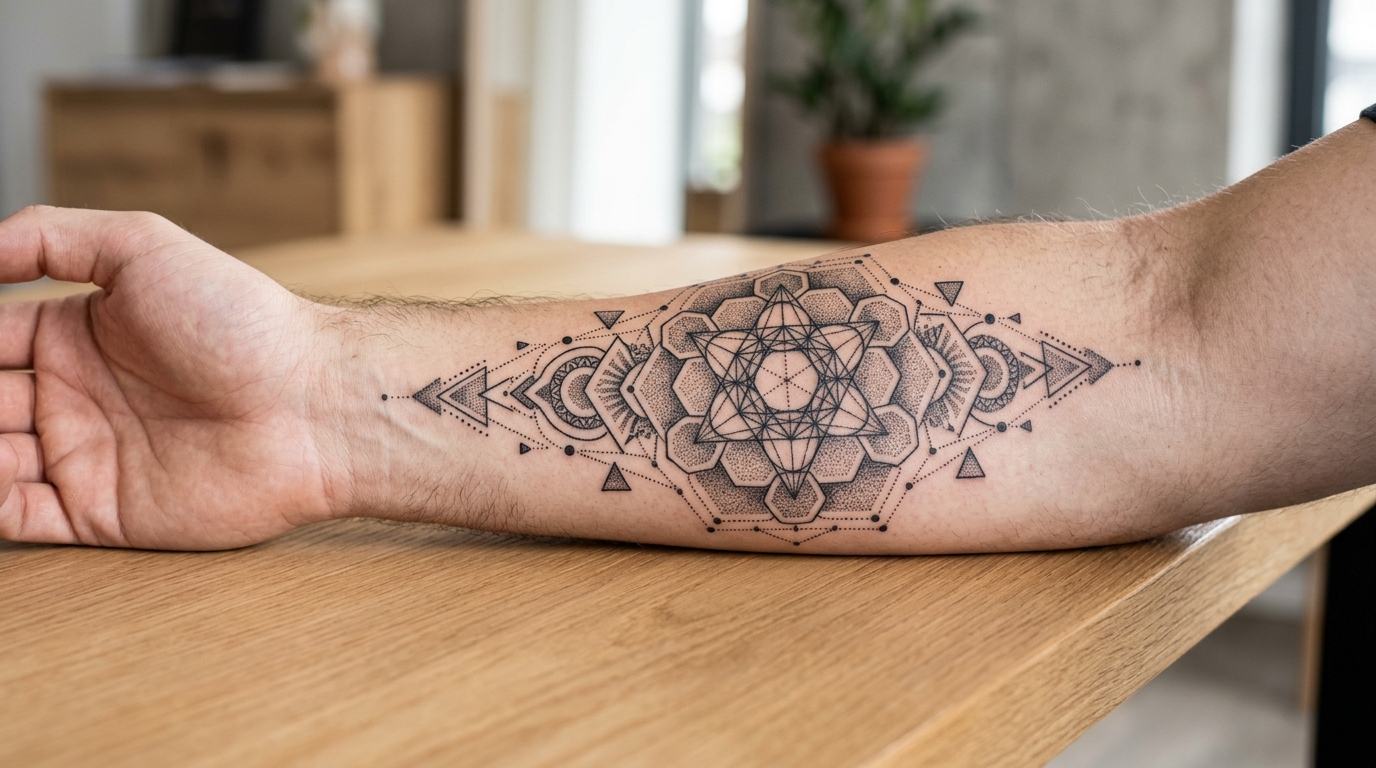 Дотворк геометрическая тату на мужском предплечье — мандала, точечная техника