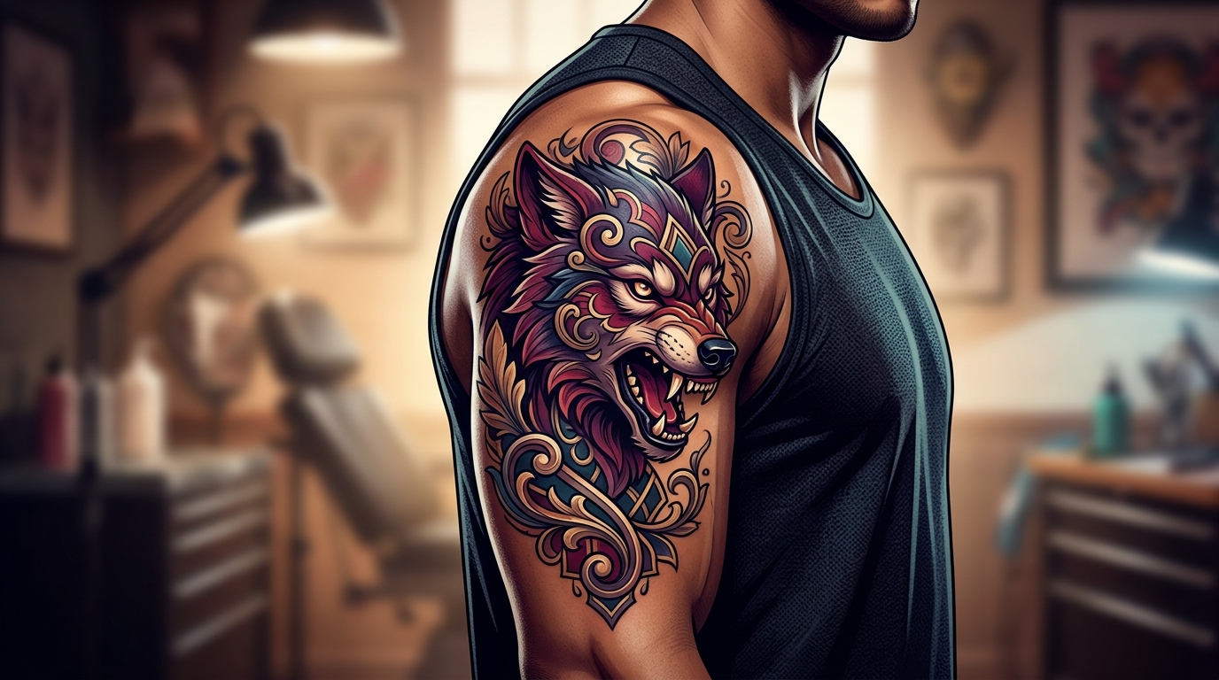 Нео-традишнл тату волка на мужском плече — яркие цвета, стилизованный рисунок
