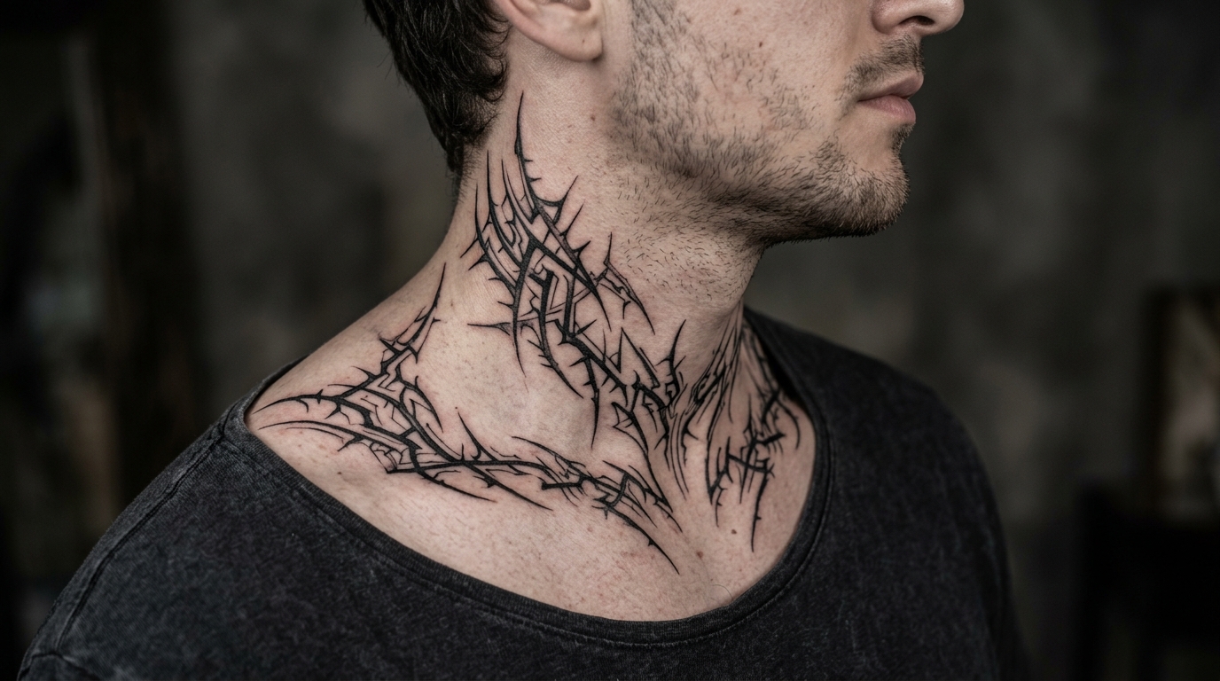 Тату в стиле киберсигилизм на шее и ключице мужчины — острые угловатые линии