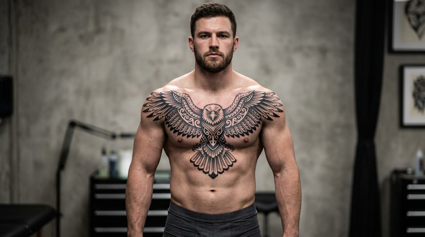 Крупная тату орла на всю грудь мужчины — симметричная композиция