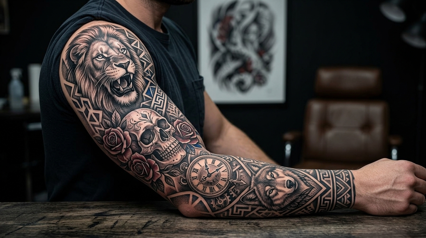 Полный рукав тату на мужской руке — сборная композиция из разных элементов