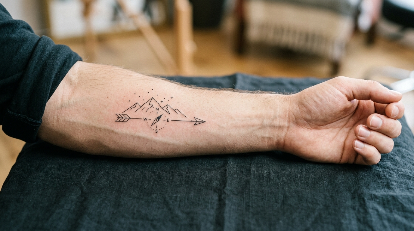 Минималистичные тату на мужском предплечье — тонкие линии, горы, компас