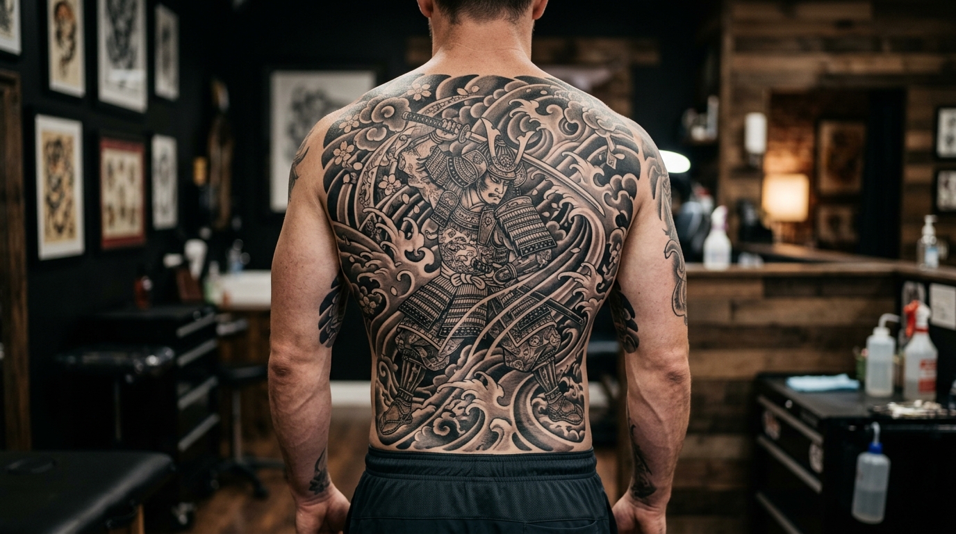 Крупная тату самурая на всю спину мужчины — японский стиль, чёрно-серая