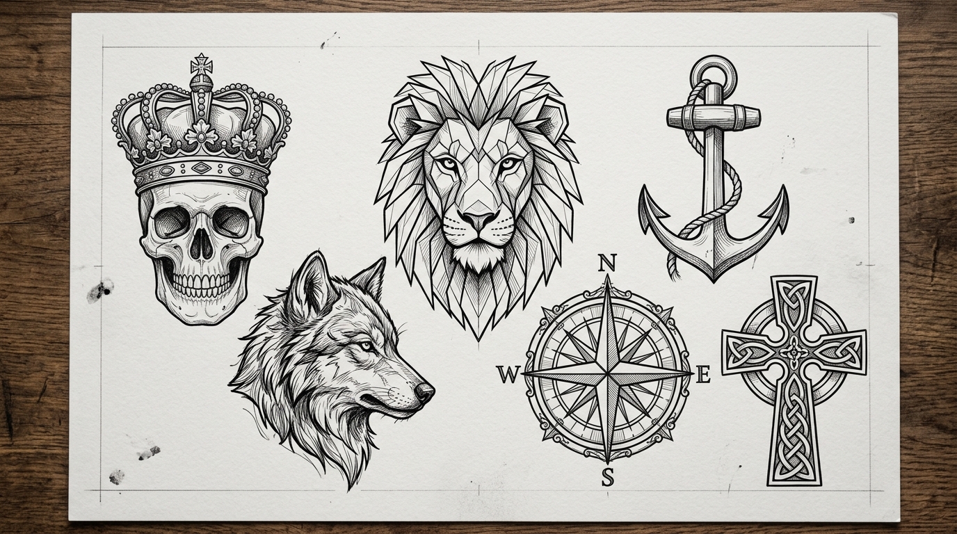 Лист с эскизами мужских тату — черепа, львы, компасы, якоря