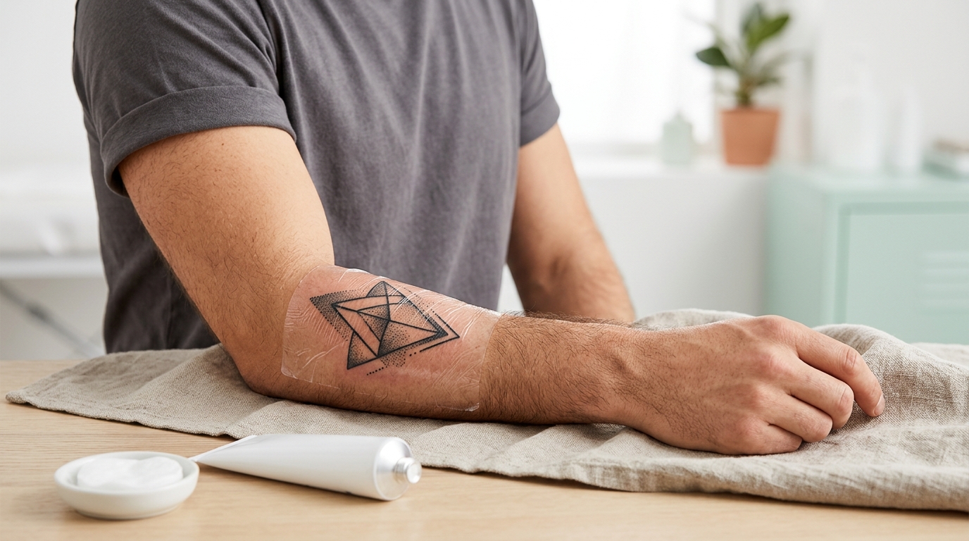 Уход за свежей тату — мужская рука с защитной плёнкой на татуировке