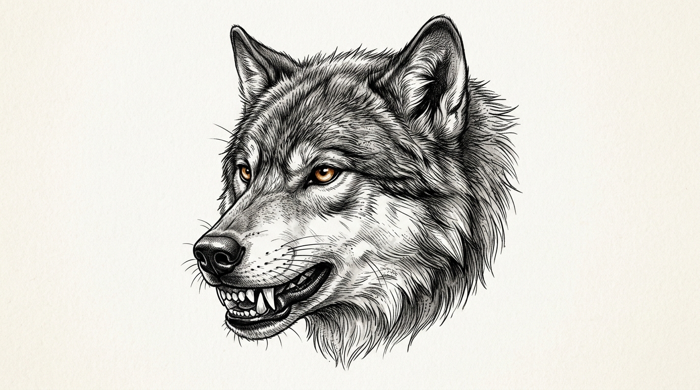 Реалистичный эскиз головы волка в стиле black and gray