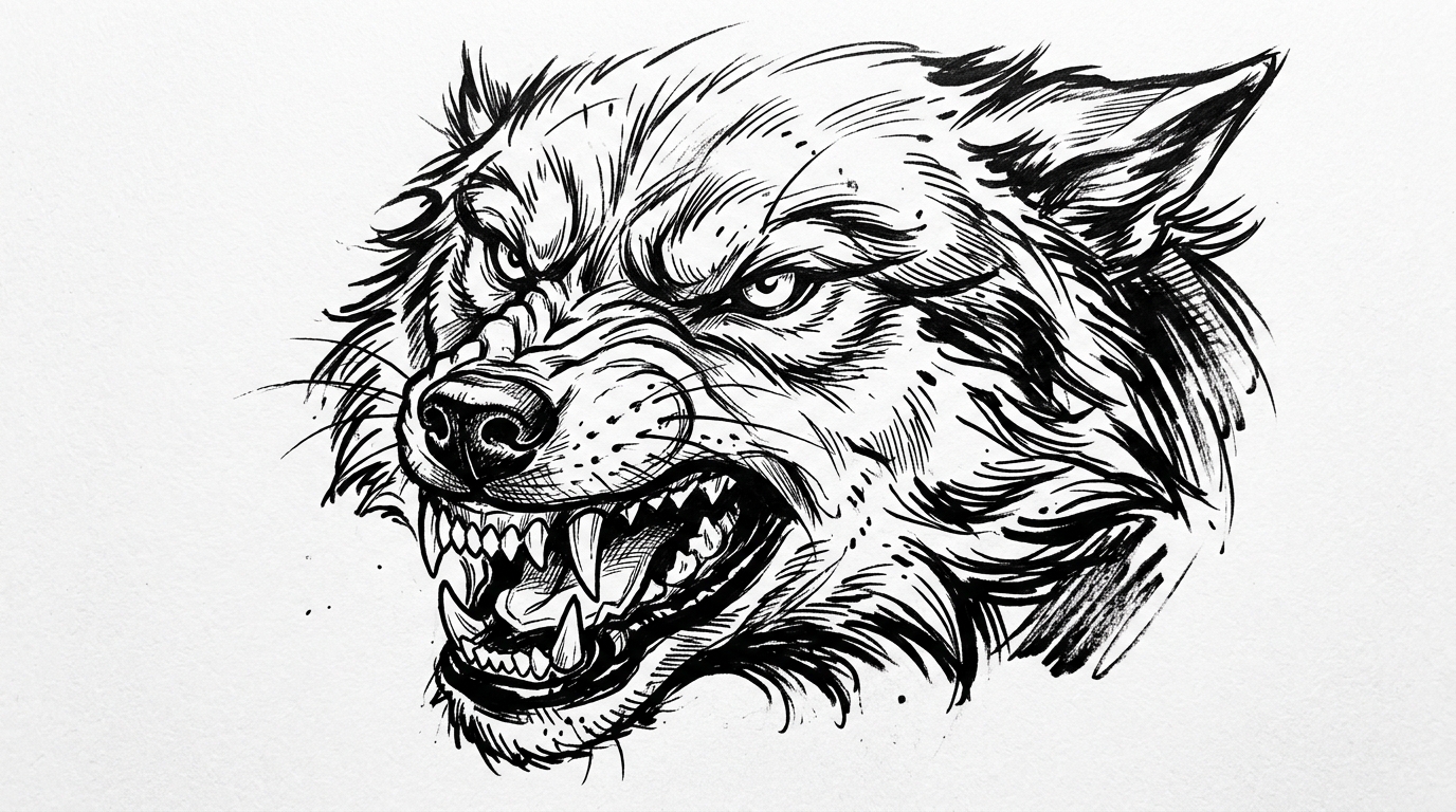 Эскиз оскала волка — агрессивное выражение, оголённые клыки