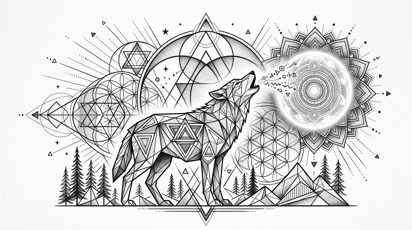 Геометрический эскиз волка с элементами сакральной геометрии