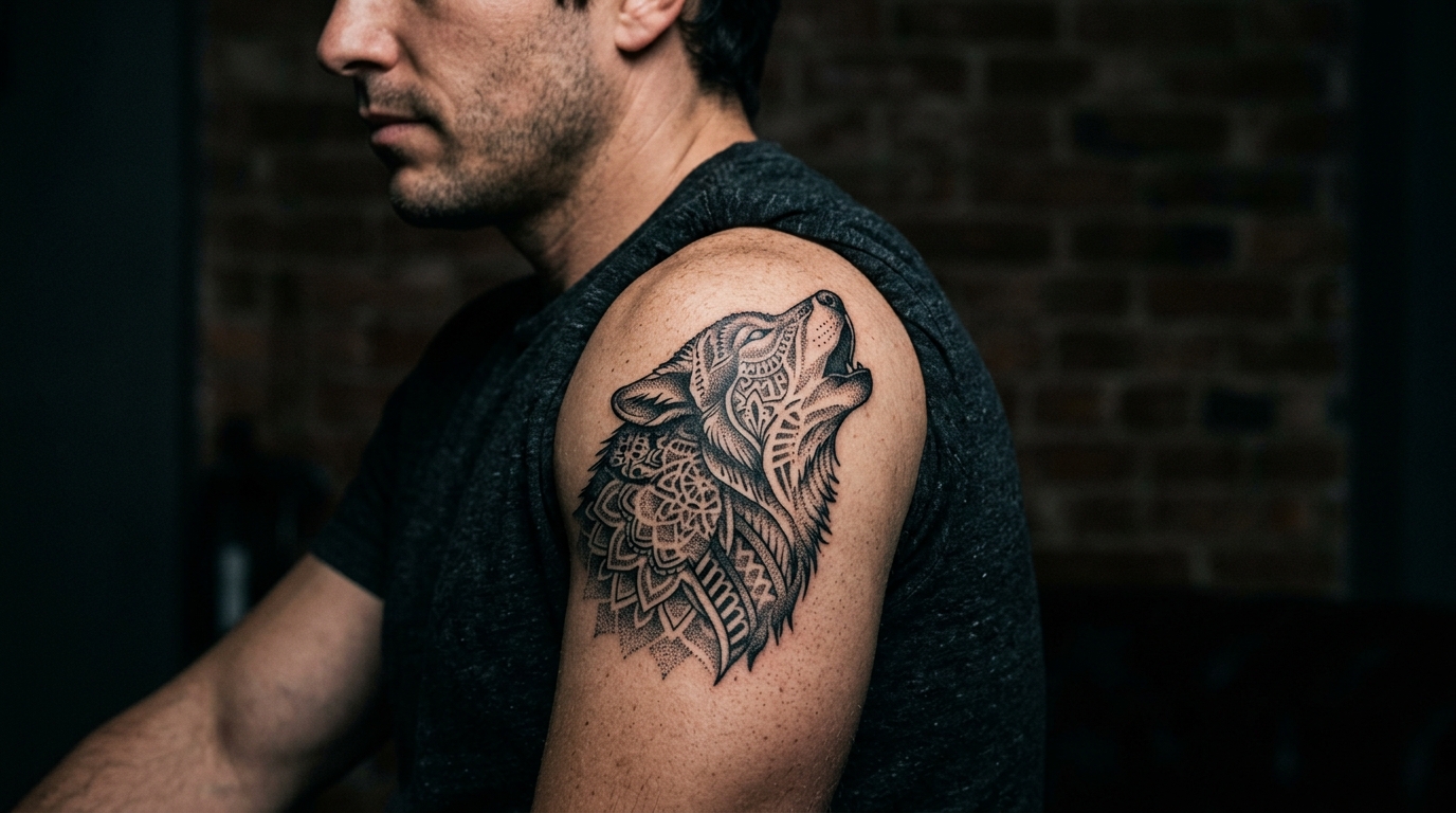 Тату волка в стиле дотворк на мужском плече — точечная техника