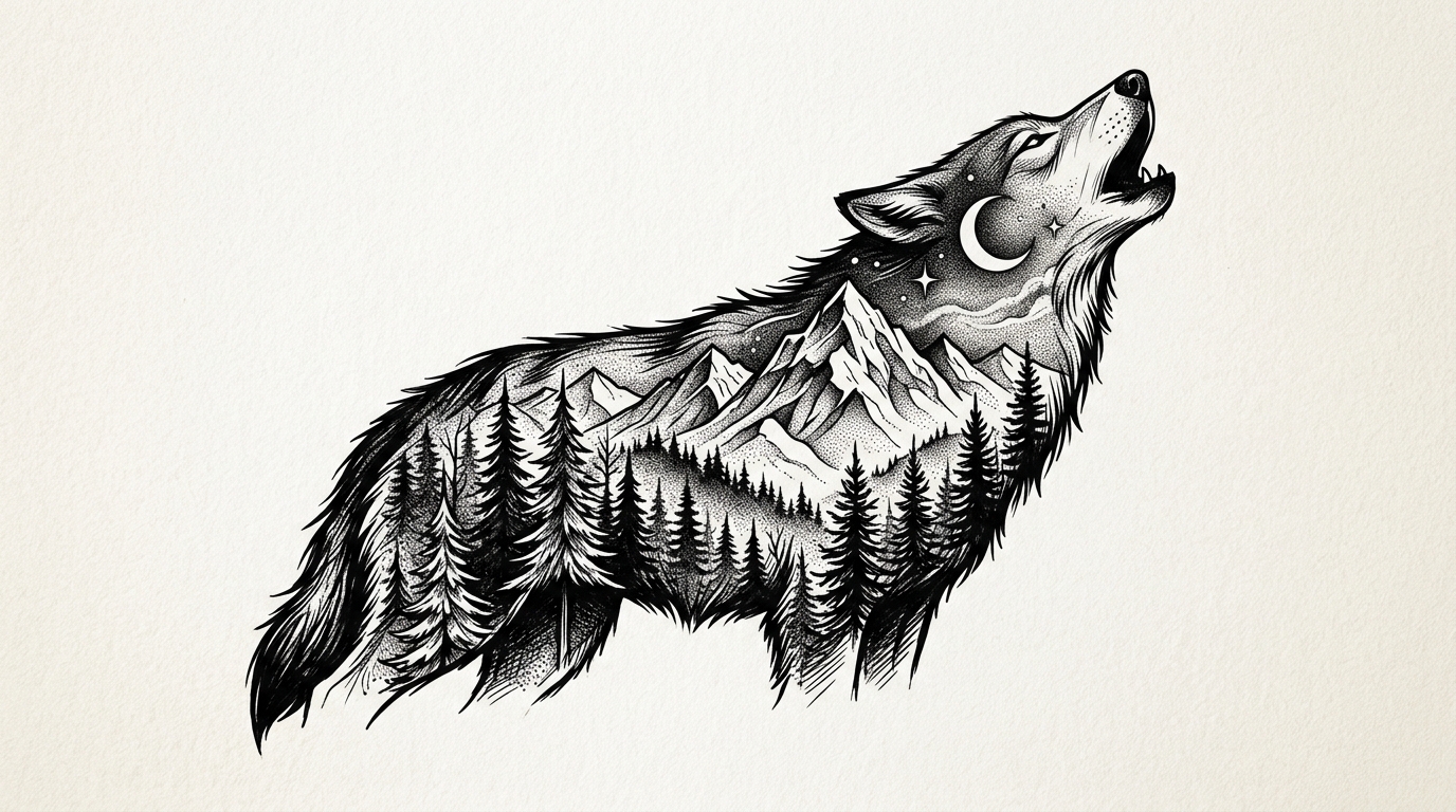 Эскиз тату волка в технике двойной экспозиции — лес и горы внутри силуэта волка
