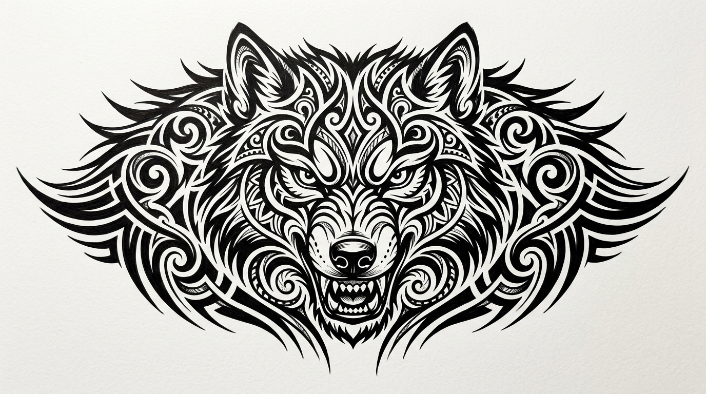 Трайбл эскиз волка — жирные чёрные линии, полинезийские мотивы