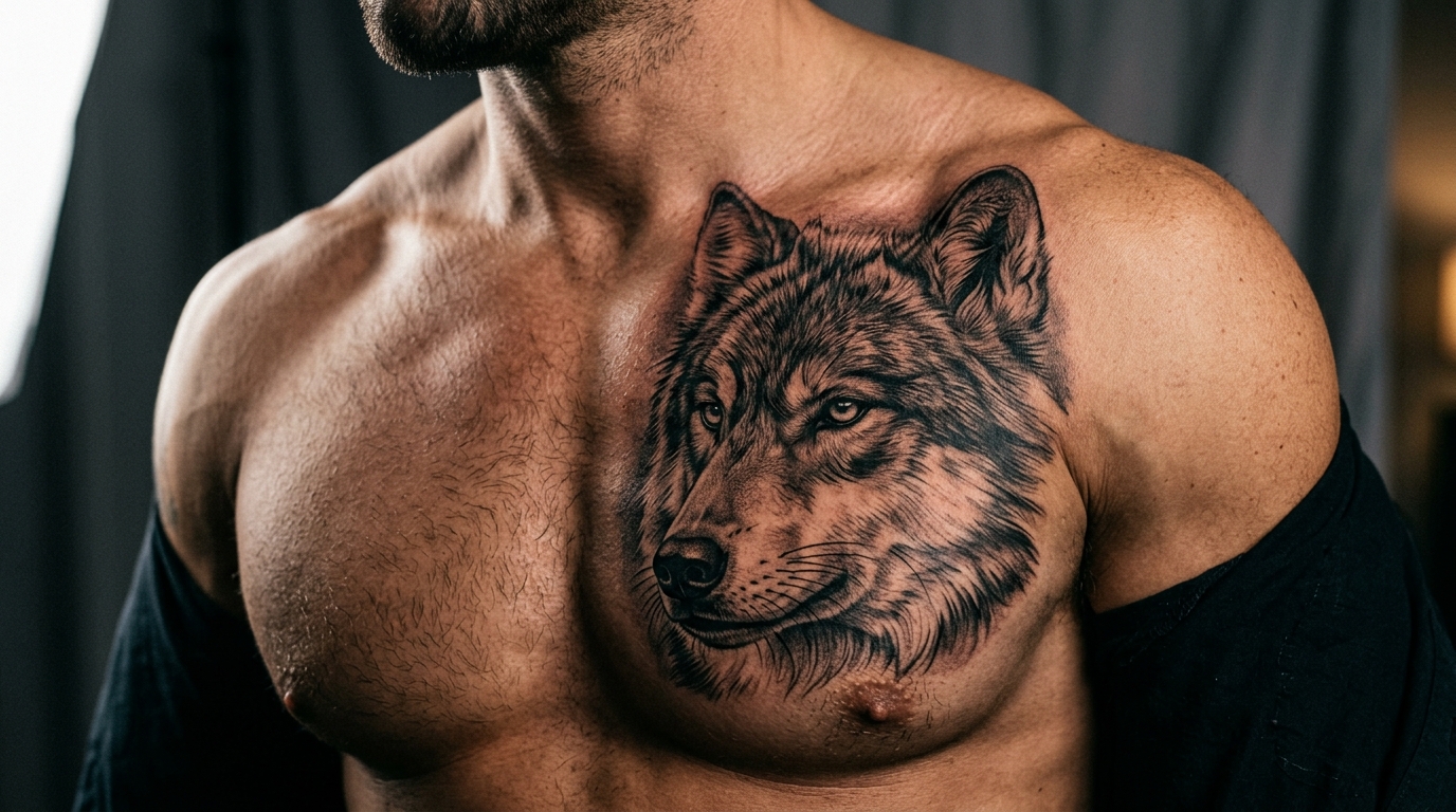 Реалистичная тату волка на мужской груди — чёрно-серый стиль