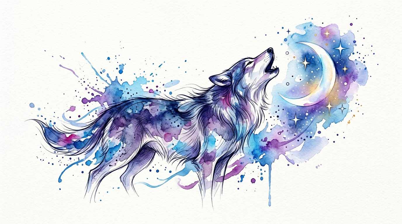 Акварельный эскиз волка — голубые и фиолетовые разводы краски