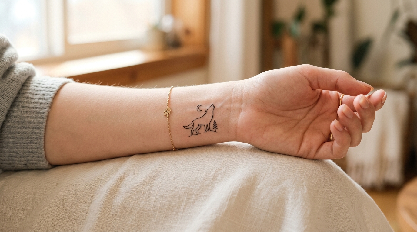 Минималистичная тату волка на запястье девушки