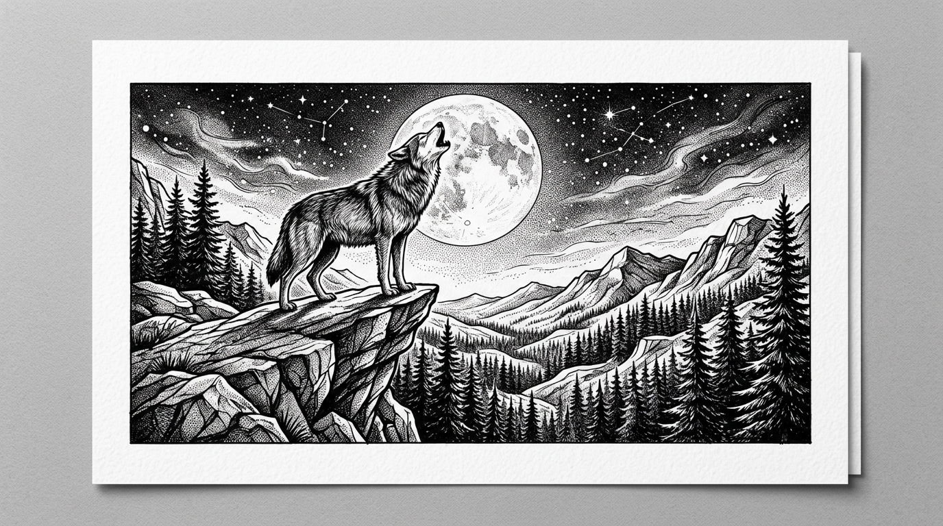 Эскиз волка, воющего на луну на фоне леса и ночного неба