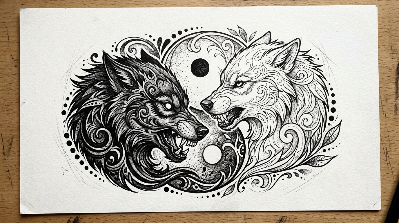 Эскиз двух волков — светлый и тёмный, инь-ян композиция