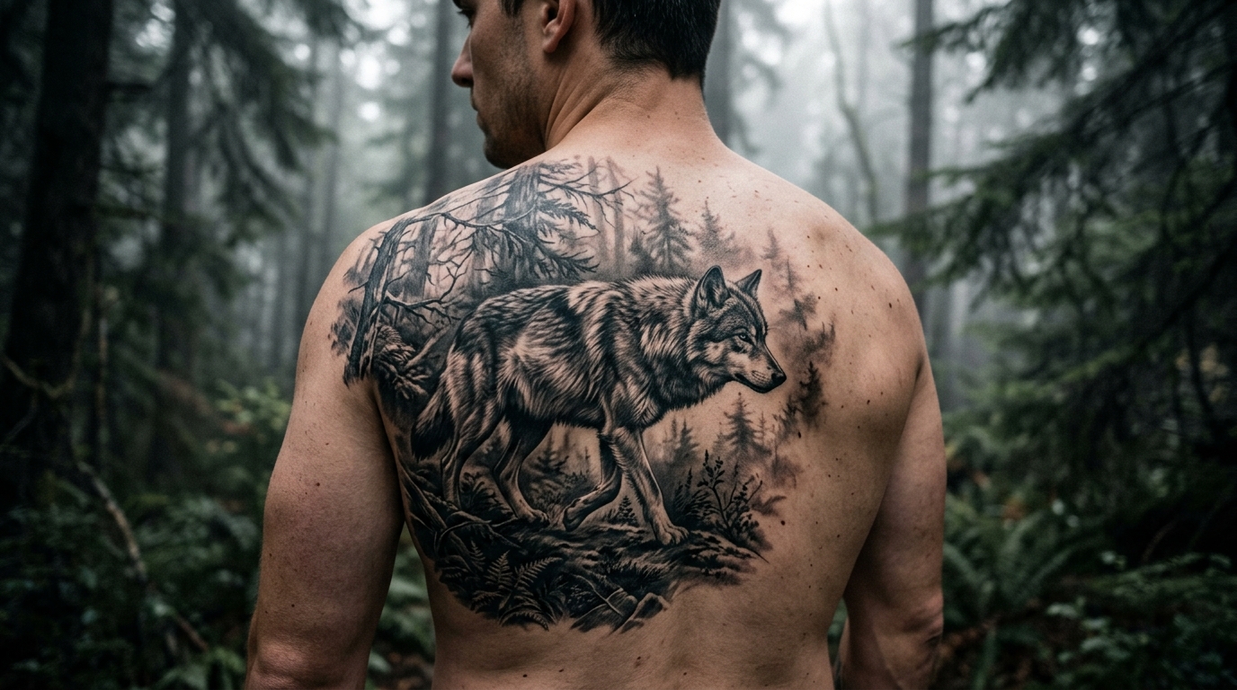 Крупная тату волка на мужской спине — реалистичный стиль, лесной пейзаж