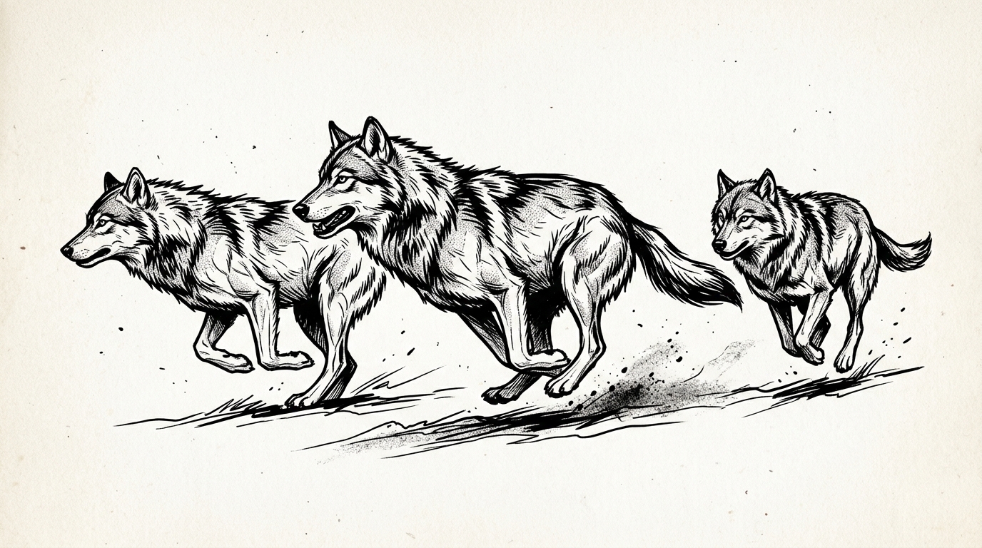 Эскиз волчьей стаи — три волка в динамике, графический стиль